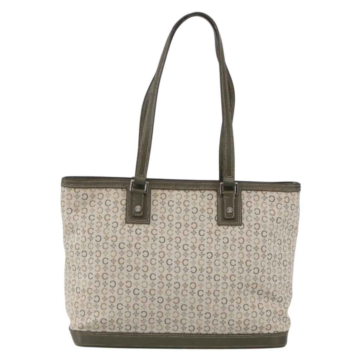 CELINE C Macadam Canvas Tote Bag Green Silver Auth BA8391