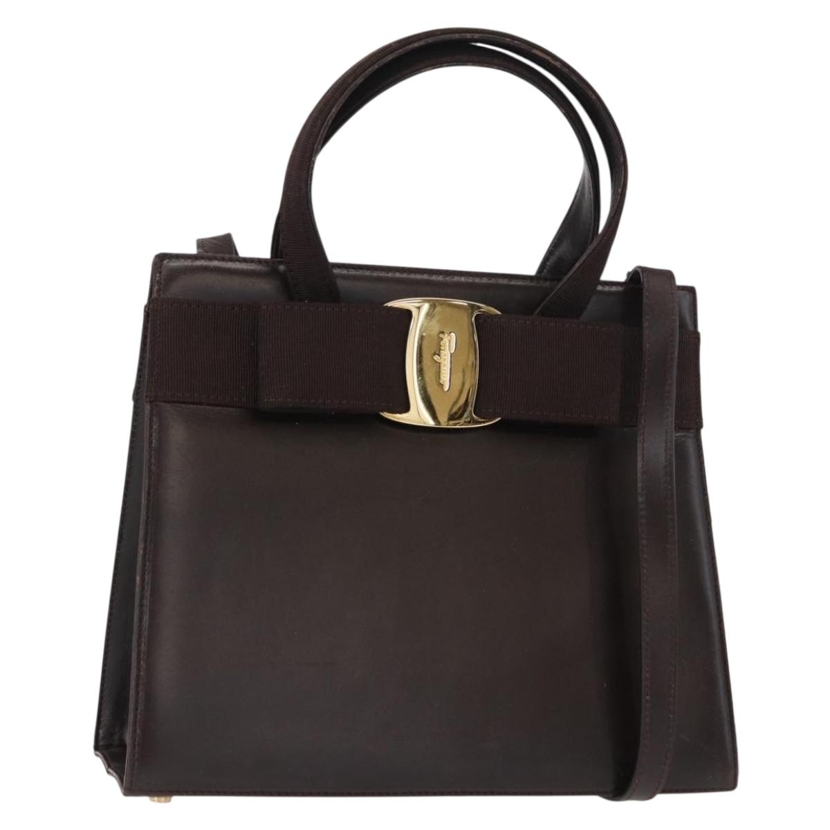 Salvatore Ferragamo Vala Hand Bag Leather 2way Brown Gold Auth BA8398