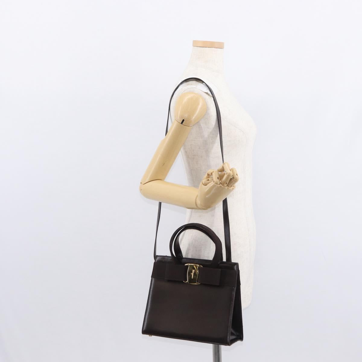 Salvatore Ferragamo Vala Hand Bag Leather 2way Brown Gold Auth BA8398