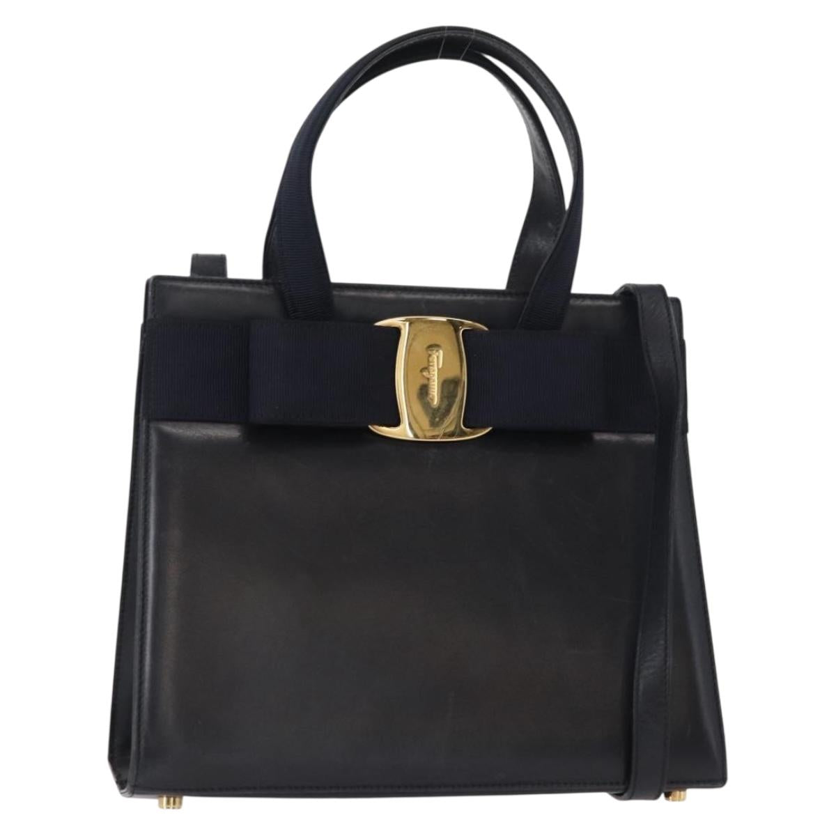 Salvatore Ferragamo Vala Hand Bag Leather 2way Navy Gold Auth BA8399