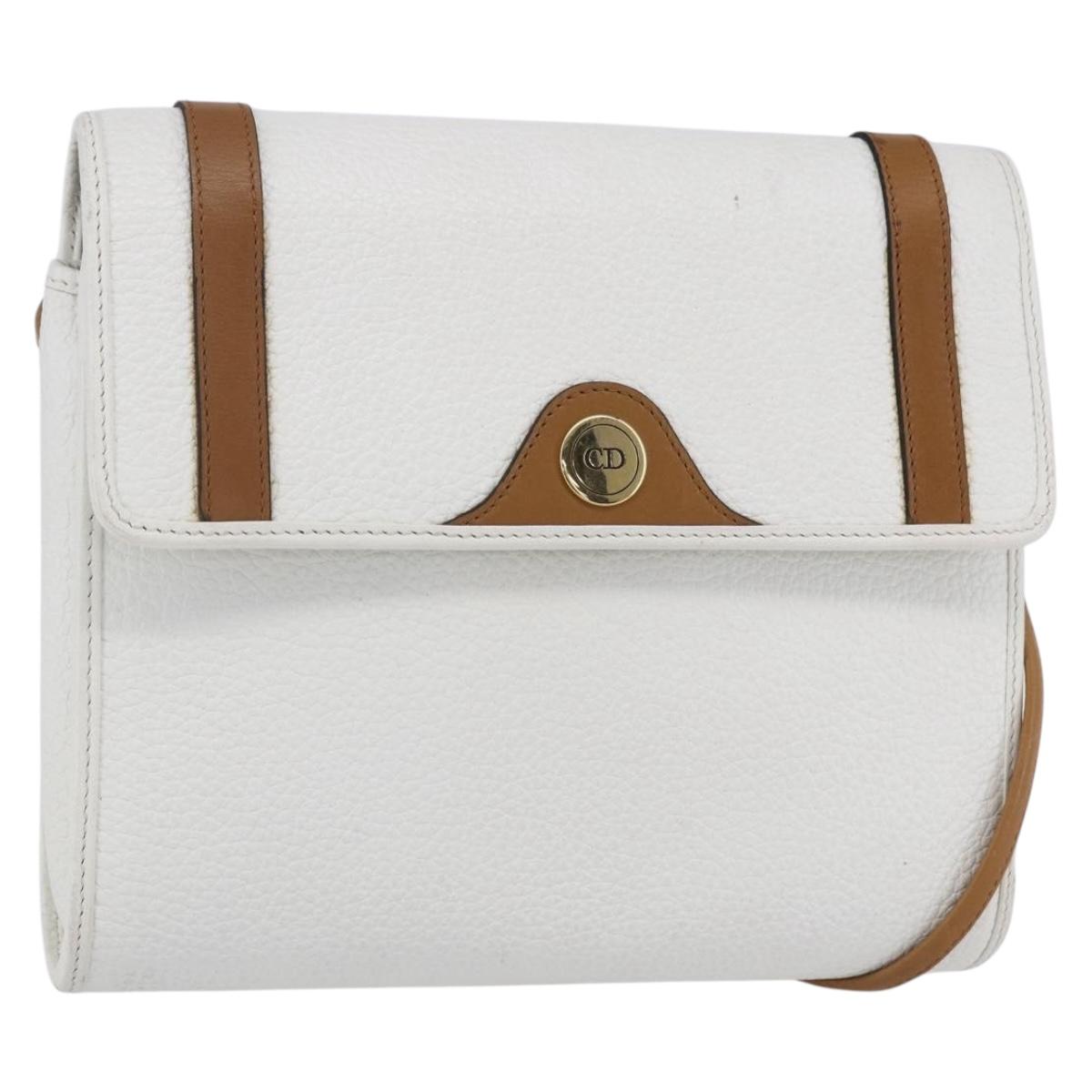 Christian Dior Shoulder Bag Leather White Gold Auth BA8403