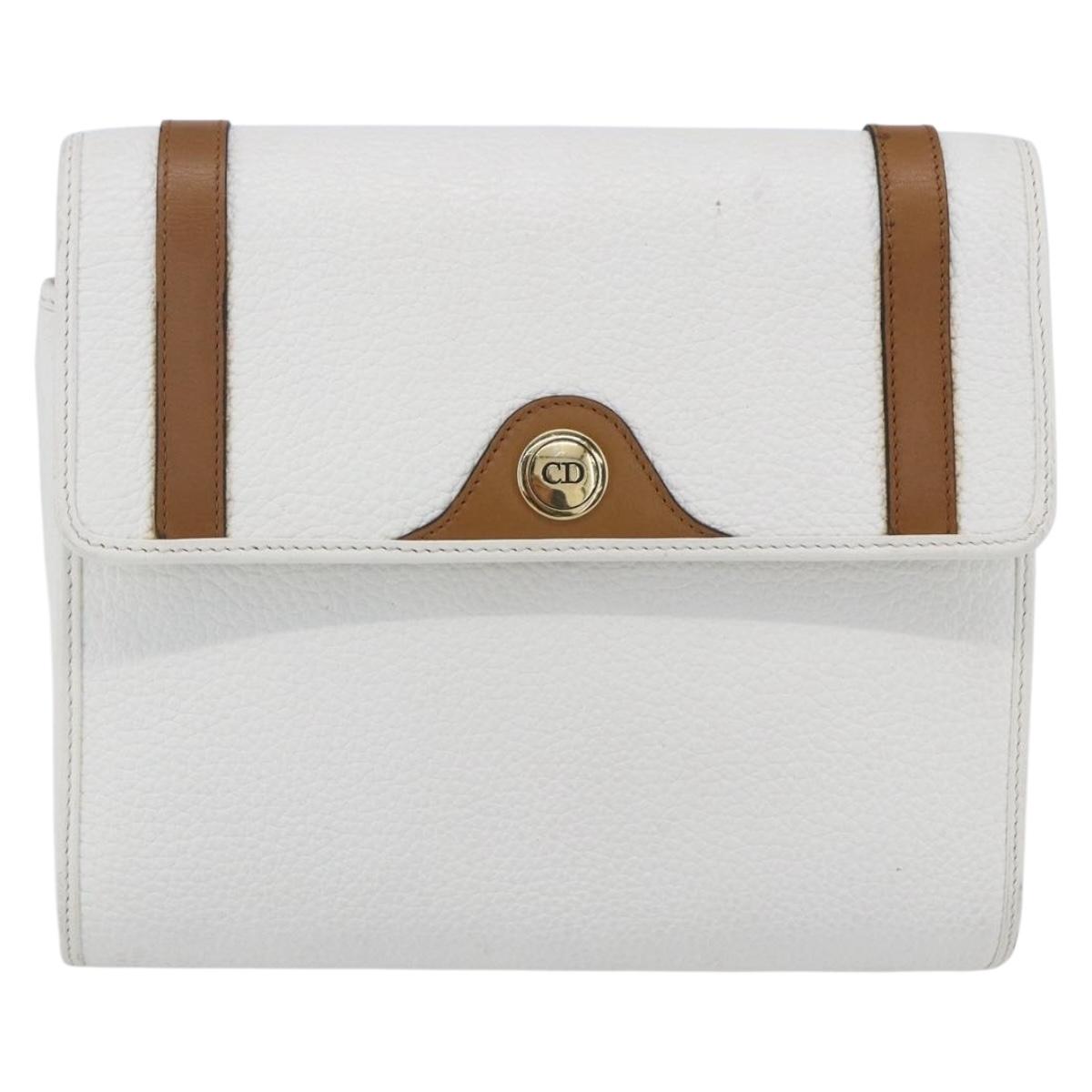 Christian Dior Shoulder Bag Leather White Gold Auth BA8403