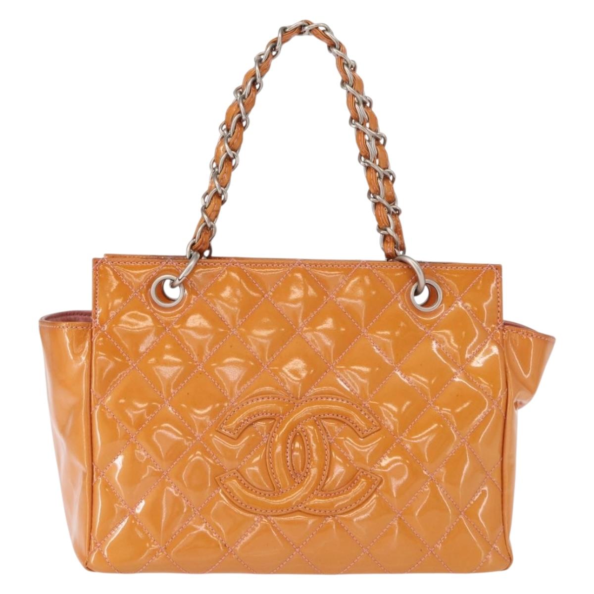 CHANEL Matelasse Chain Hand Bag Enamel Orange Silver CC Auth BA8407