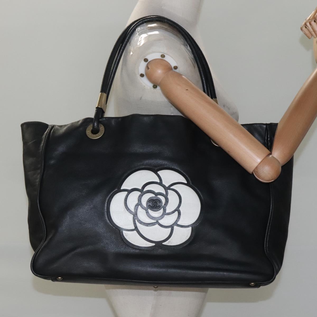 CHANEL Camelia Tote Bag Lamb Skin Black CC Auth BA841