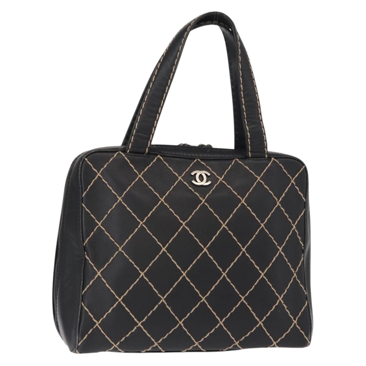 CHANEL Wild stitch Hand Bag Lamb Skin Black CC Auth BA8410