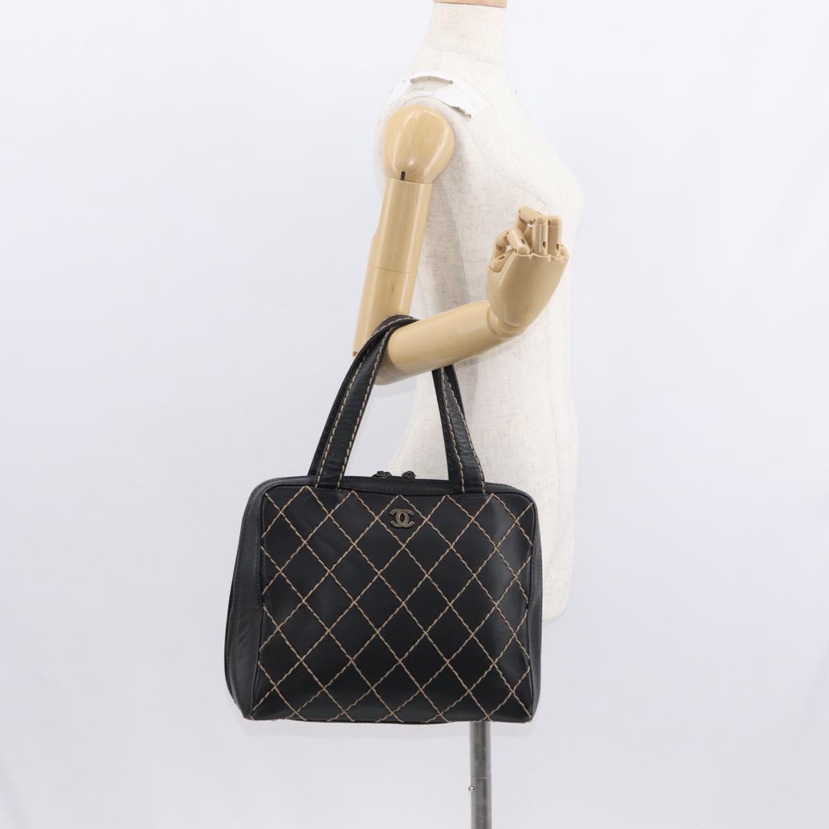 CHANEL Wild stitch Hand Bag Lamb Skin Black CC Auth BA8410
