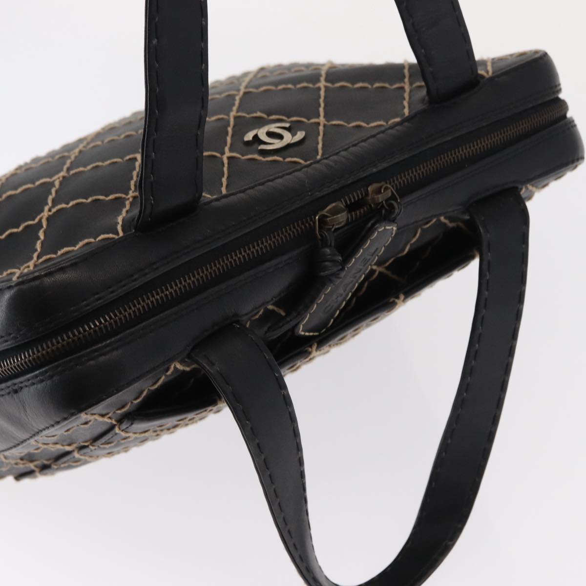 CHANEL Wild stitch Hand Bag Lamb Skin Black CC Auth BA8410