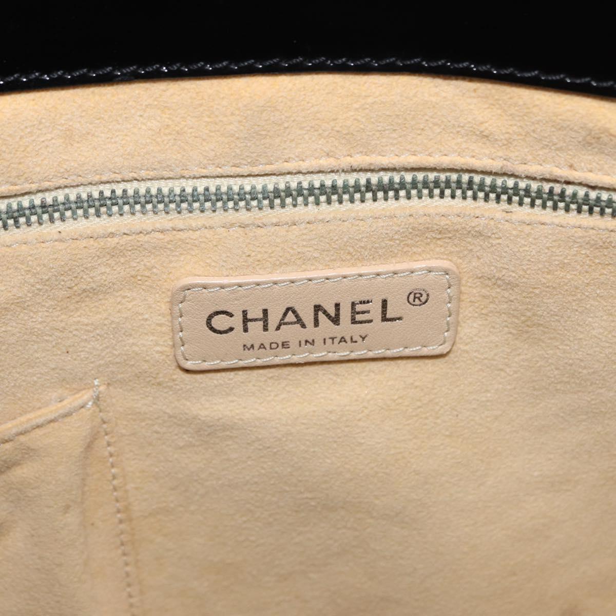 CHANEL Punching Hand Bag Enamel Black Silver CC Auth BA8412