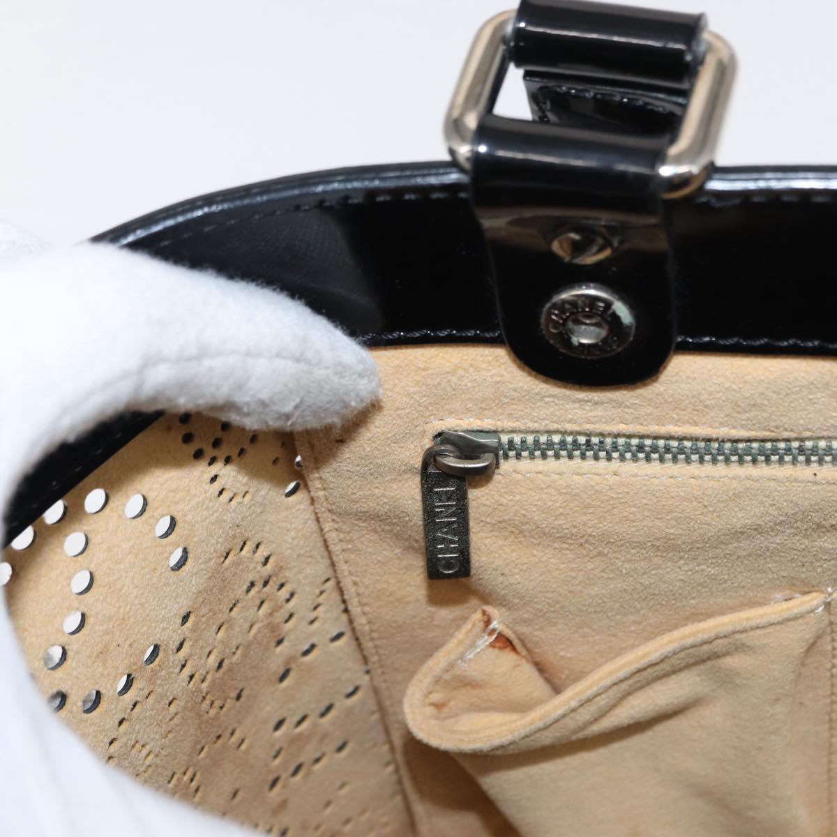 CHANEL Punching Hand Bag Enamel Black Silver CC Auth BA8412