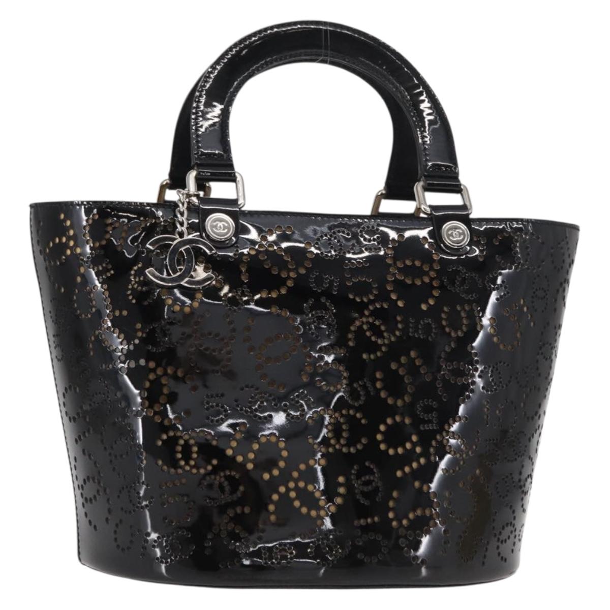 CHANEL Punching Hand Bag Enamel Black Silver CC Auth BA8412