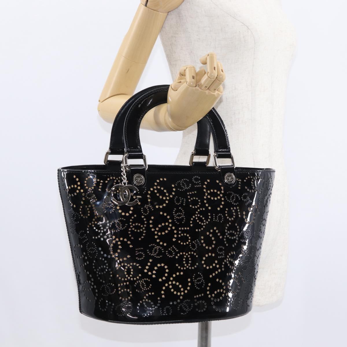 CHANEL Punching Hand Bag Enamel Black Silver CC Auth BA8412