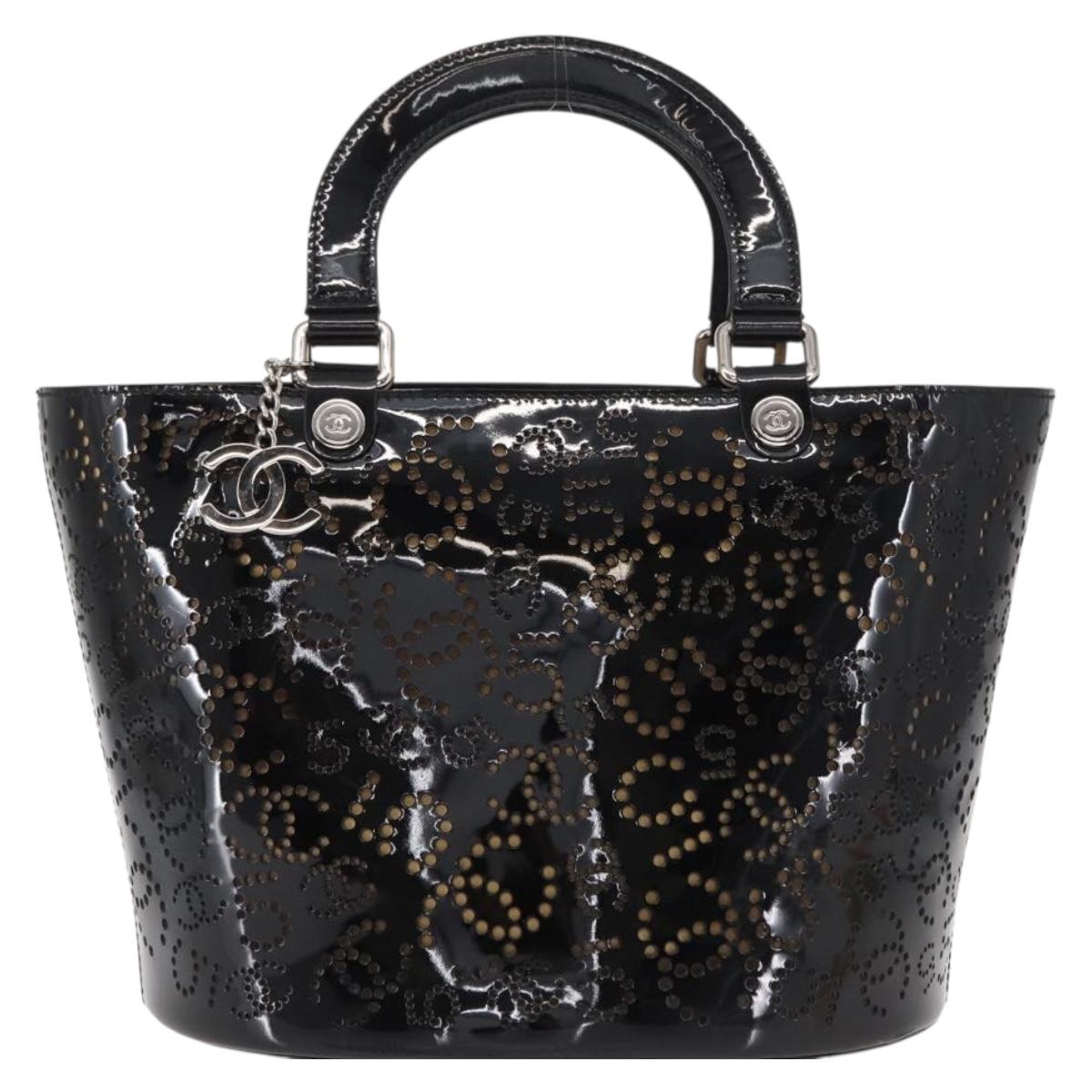 CHANEL Punching Hand Bag Enamel Black Silver CC Auth BA8412