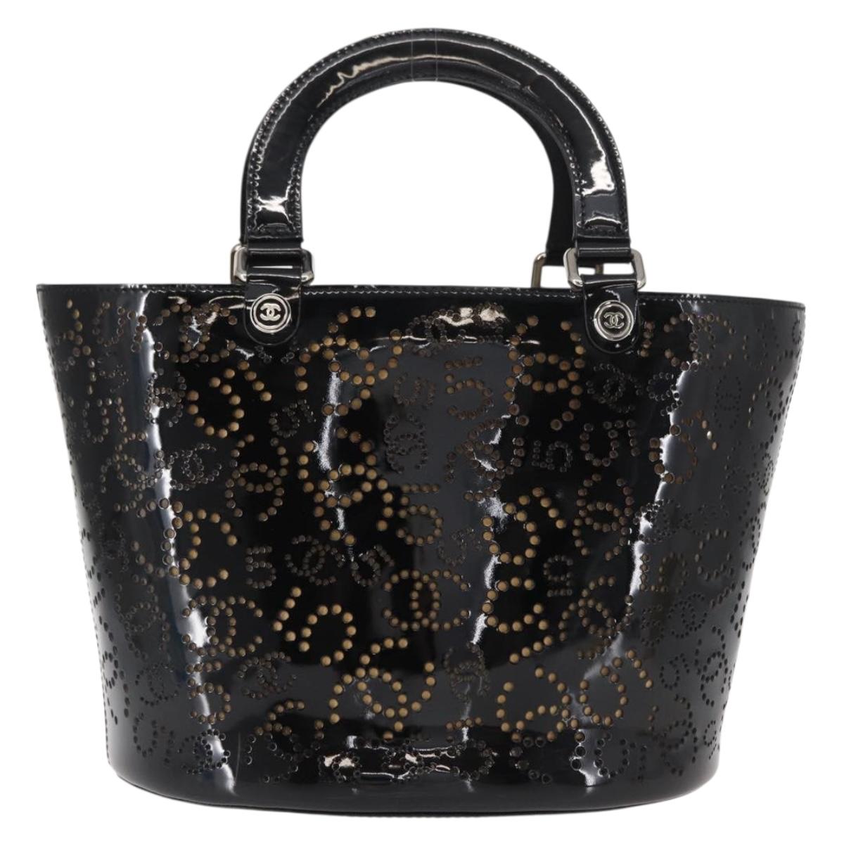 CHANEL Punching Hand Bag Enamel Black Silver CC Auth BA8412