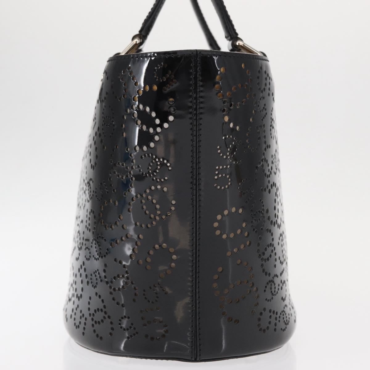 CHANEL Punching Hand Bag Enamel Black Silver CC Auth BA8412