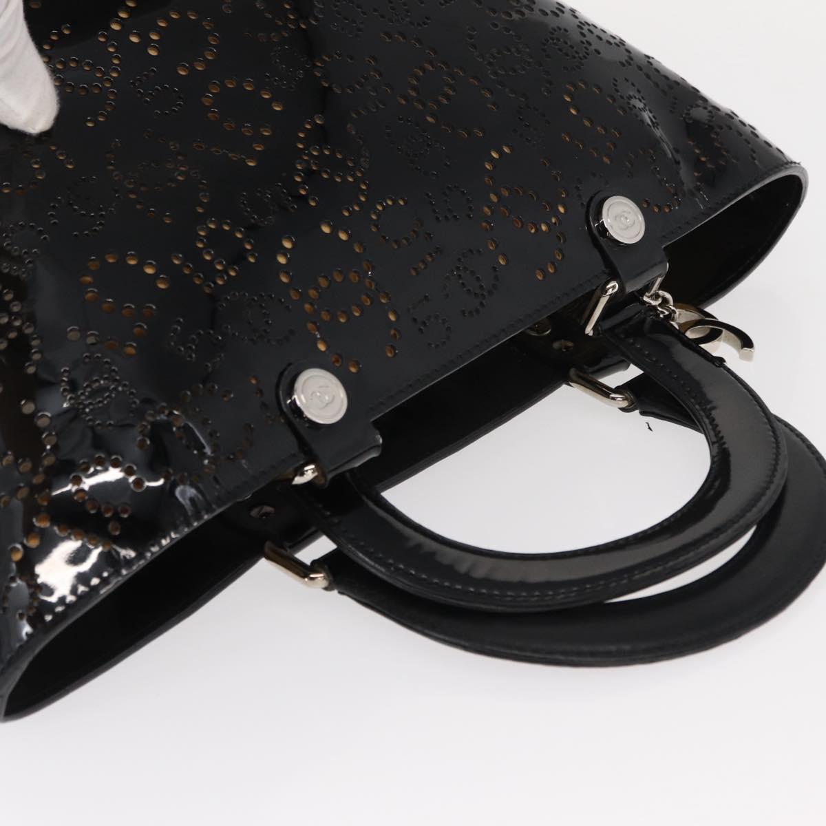 CHANEL Punching Hand Bag Enamel Black Silver CC Auth BA8412