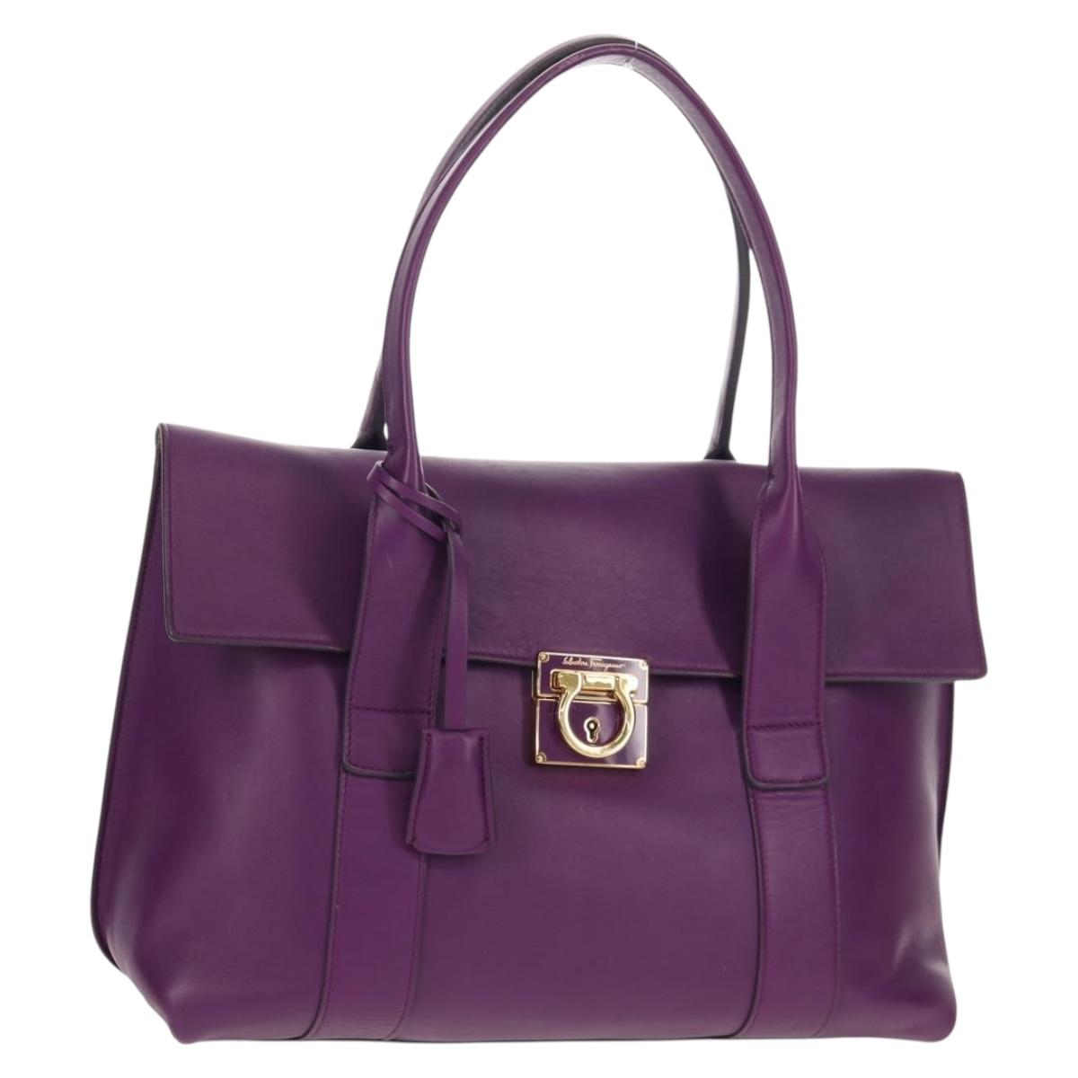 Salvatore Ferragamo Gancini Hand Bag Leather Purple Gold Auth BA8415V