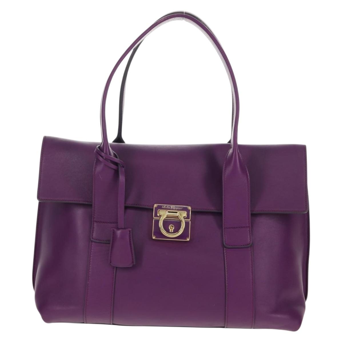 Salvatore Ferragamo Gancini Hand Bag Leather Purple Gold Auth BA8415V