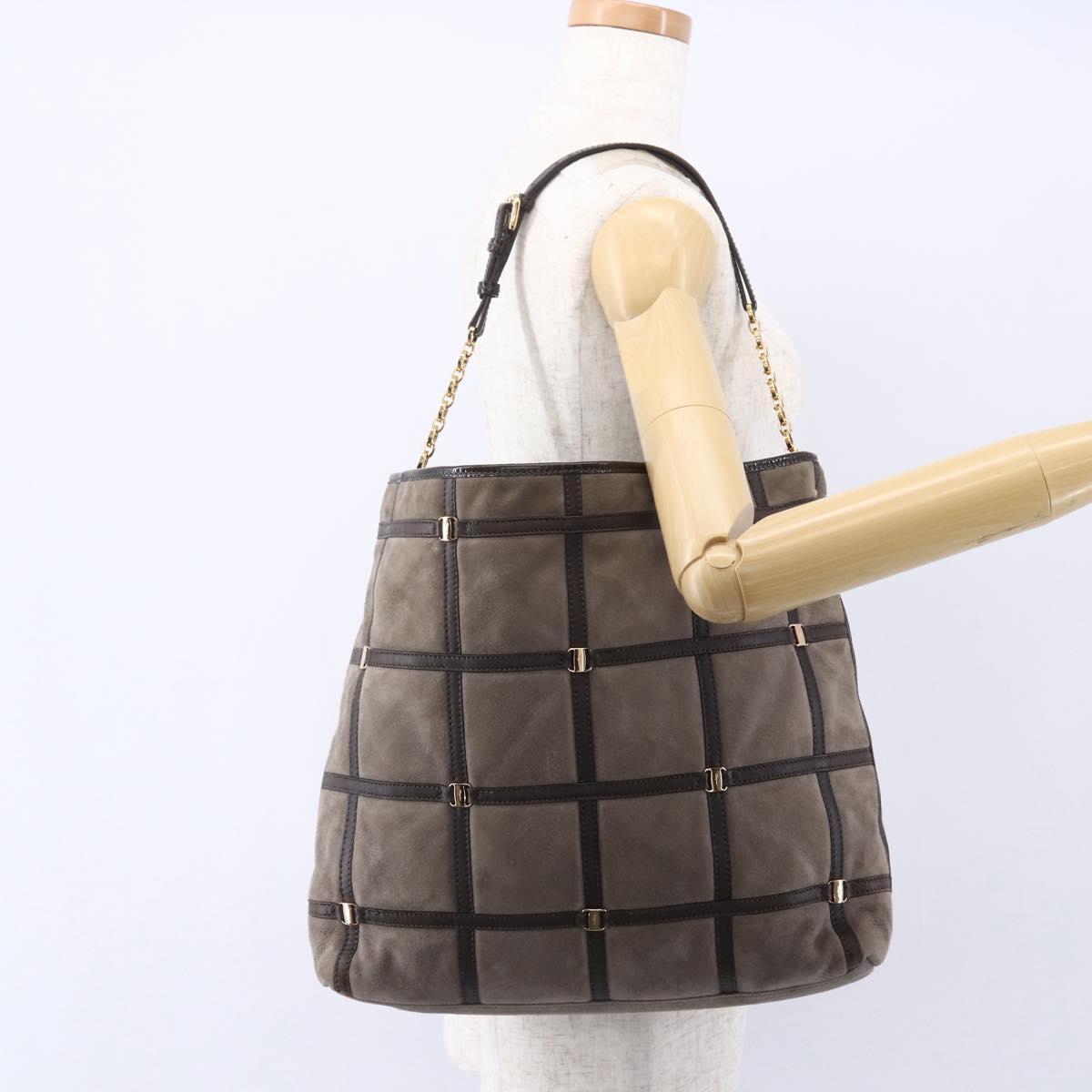 Salvatore Ferragamo Vala Shoulder Bag Suede Leather Brown Gold Auth BA8417