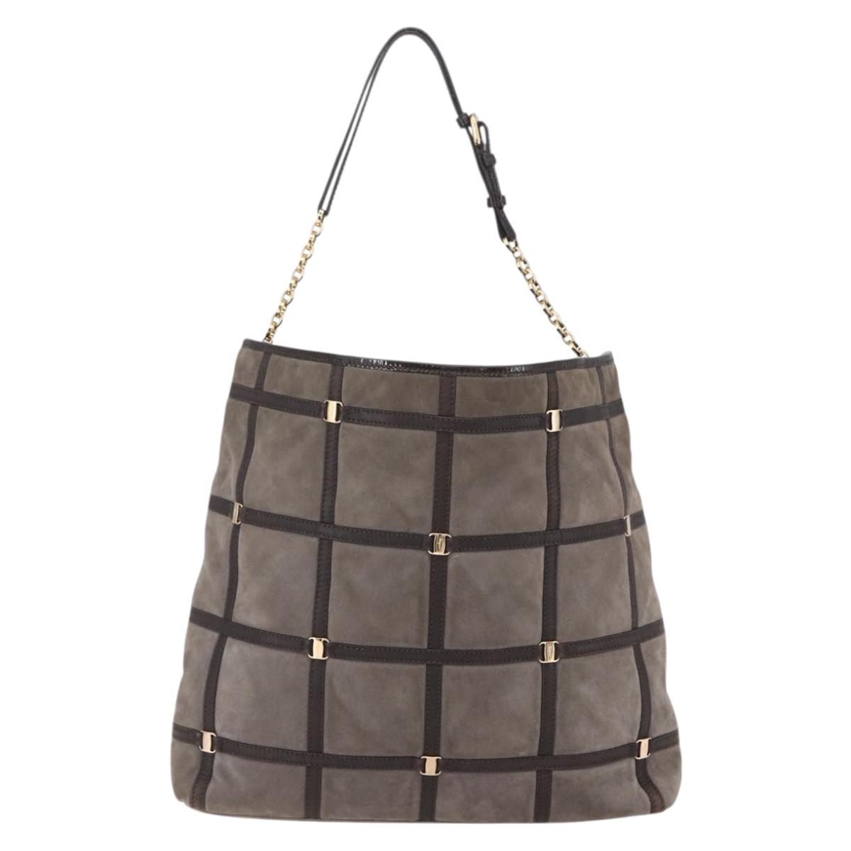 Salvatore Ferragamo Vala Shoulder Bag Suede Leather Brown Gold Auth BA8417