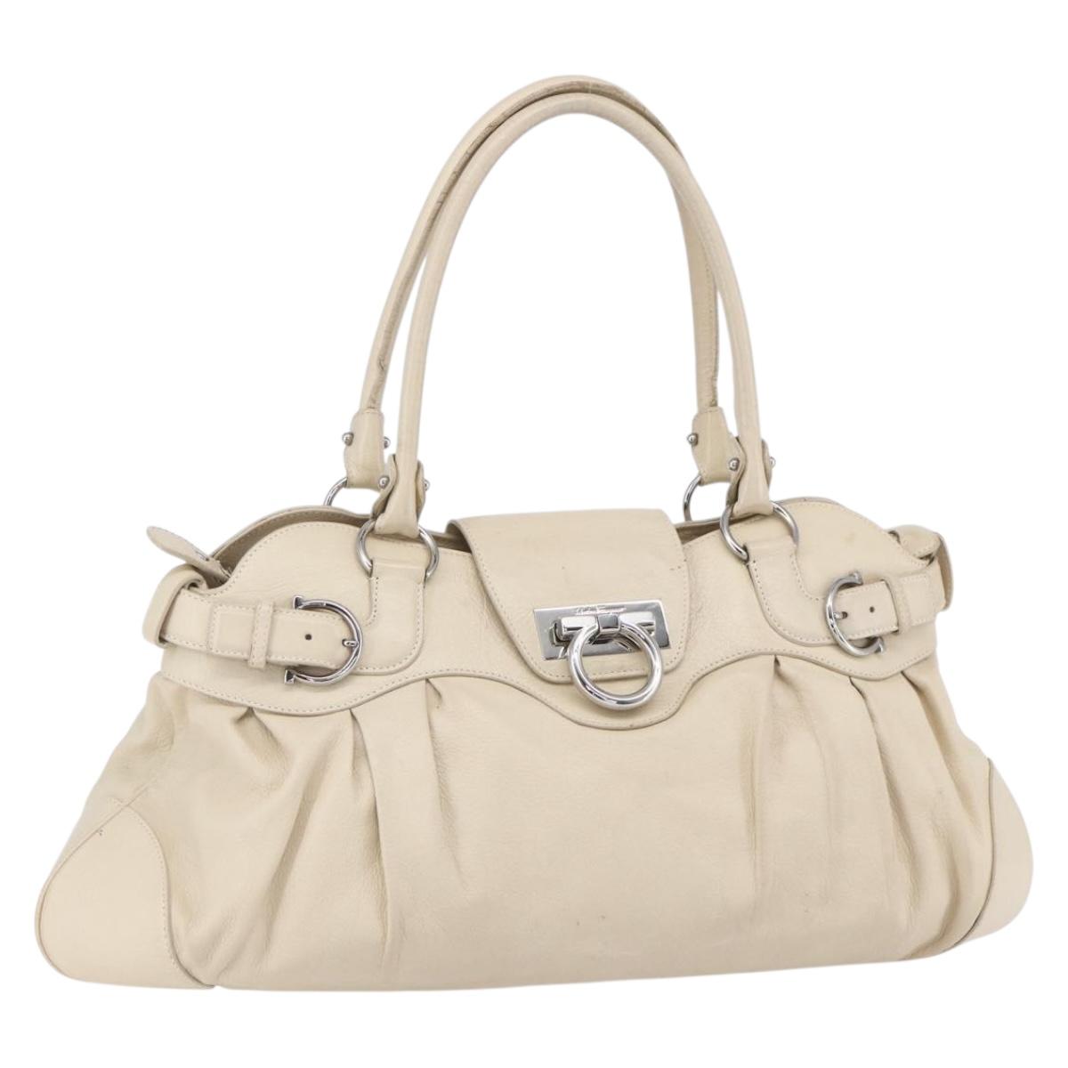 Salvatore Ferragamo Gancini Shoulder Bag Leather Beige Silver Auth BA8418