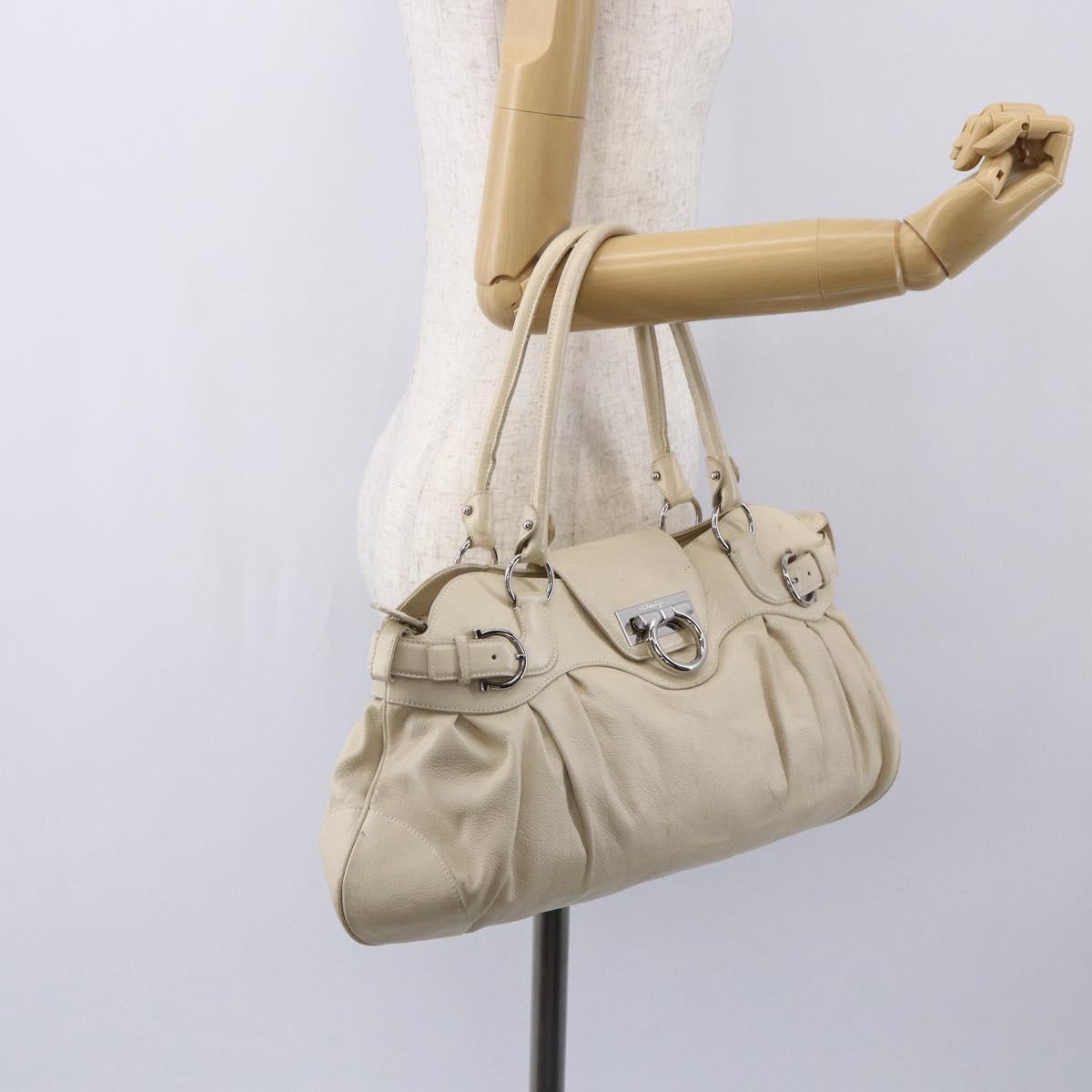 Salvatore Ferragamo Gancini Shoulder Bag Leather Beige Silver Auth BA8418