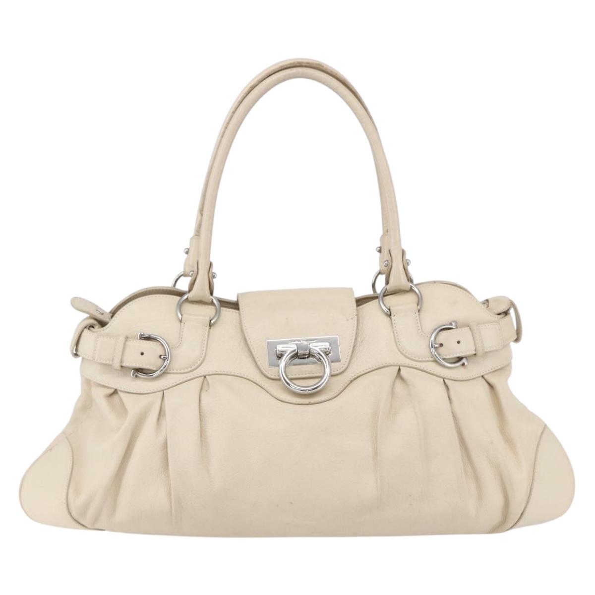Salvatore Ferragamo Gancini Shoulder Bag Leather Beige Silver Auth BA8418