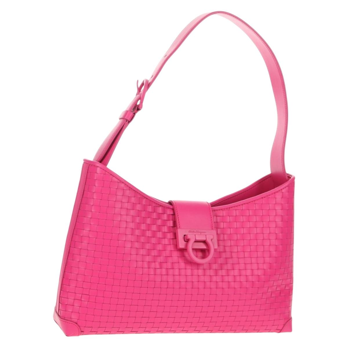 Salvatore Ferragamo Gancini Shoulder Bag Leather Pink Silver Auth BA8419V