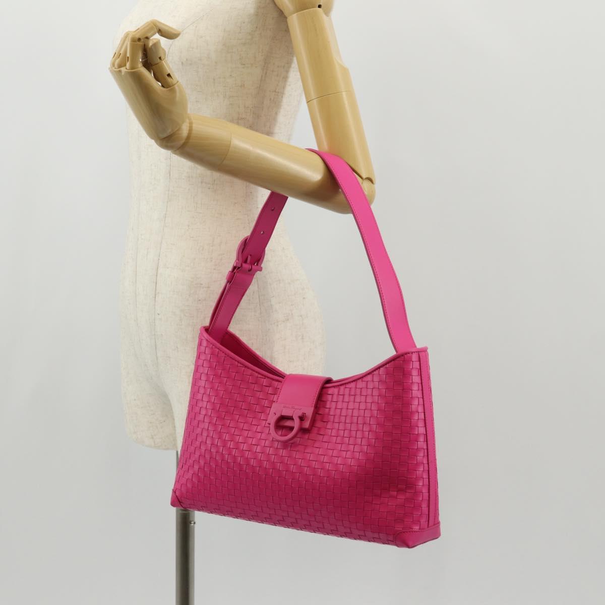 Salvatore Ferragamo Gancini Shoulder Bag Leather Pink Silver Auth BA8419V
