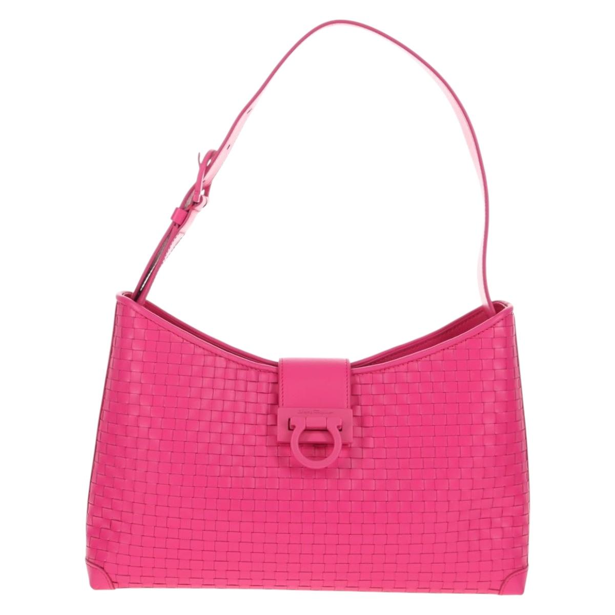 Salvatore Ferragamo Gancini Shoulder Bag Leather Pink Silver Auth BA8419V