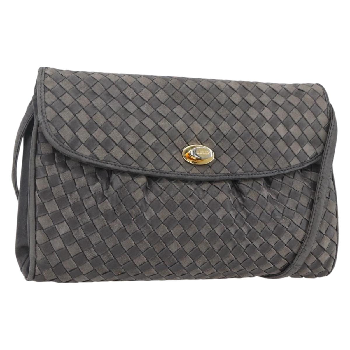 BALLY Shoulder Bag Leather Gray Gold Auth BA8439