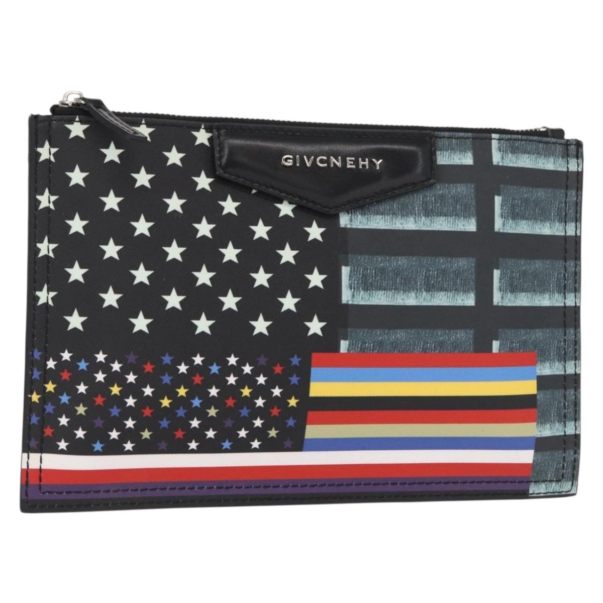 GIVENCHY Clutch Bag Leather Black Silver Auth BA8441