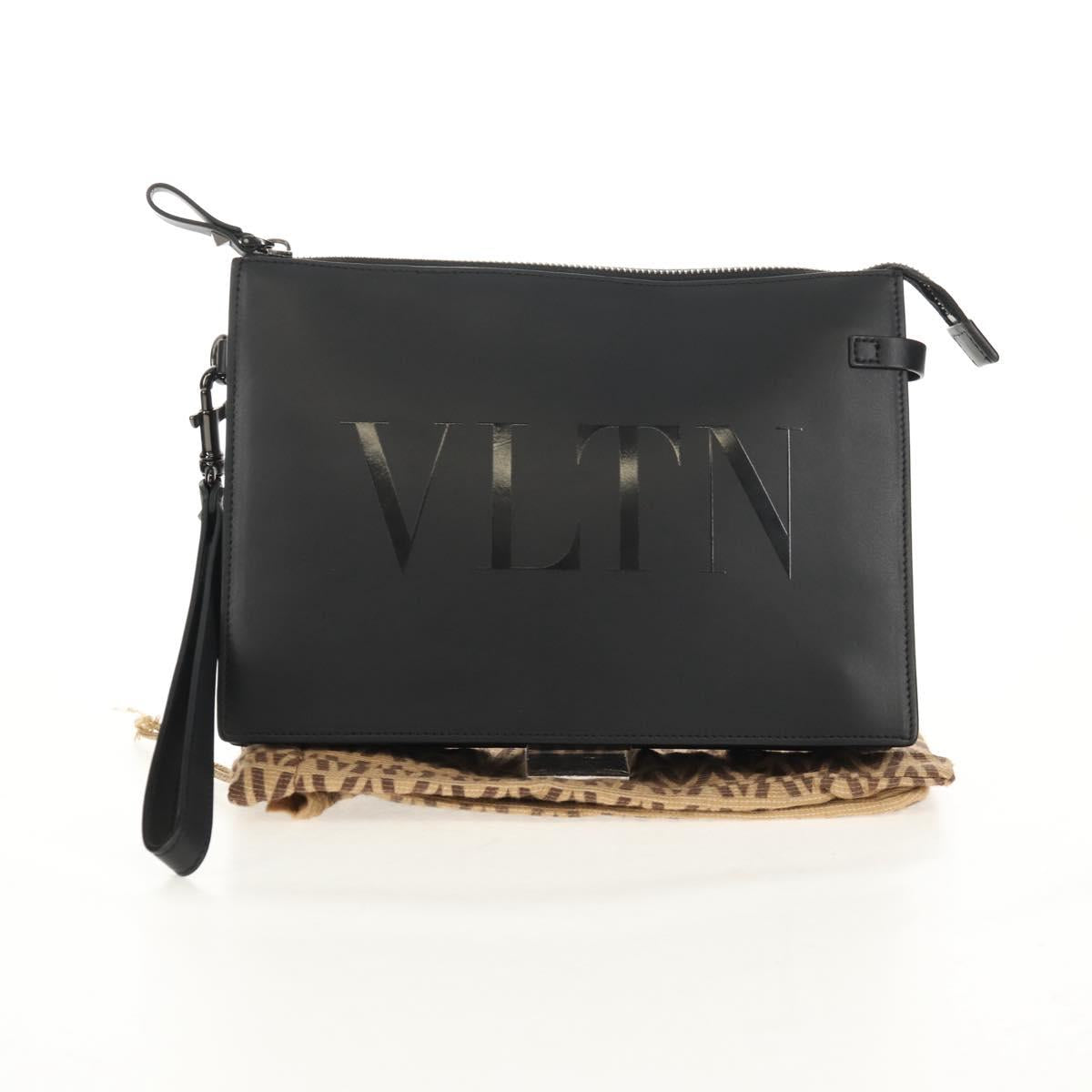 VALENTINO Clutch Bag Leather Black Silver Auth BA8442V