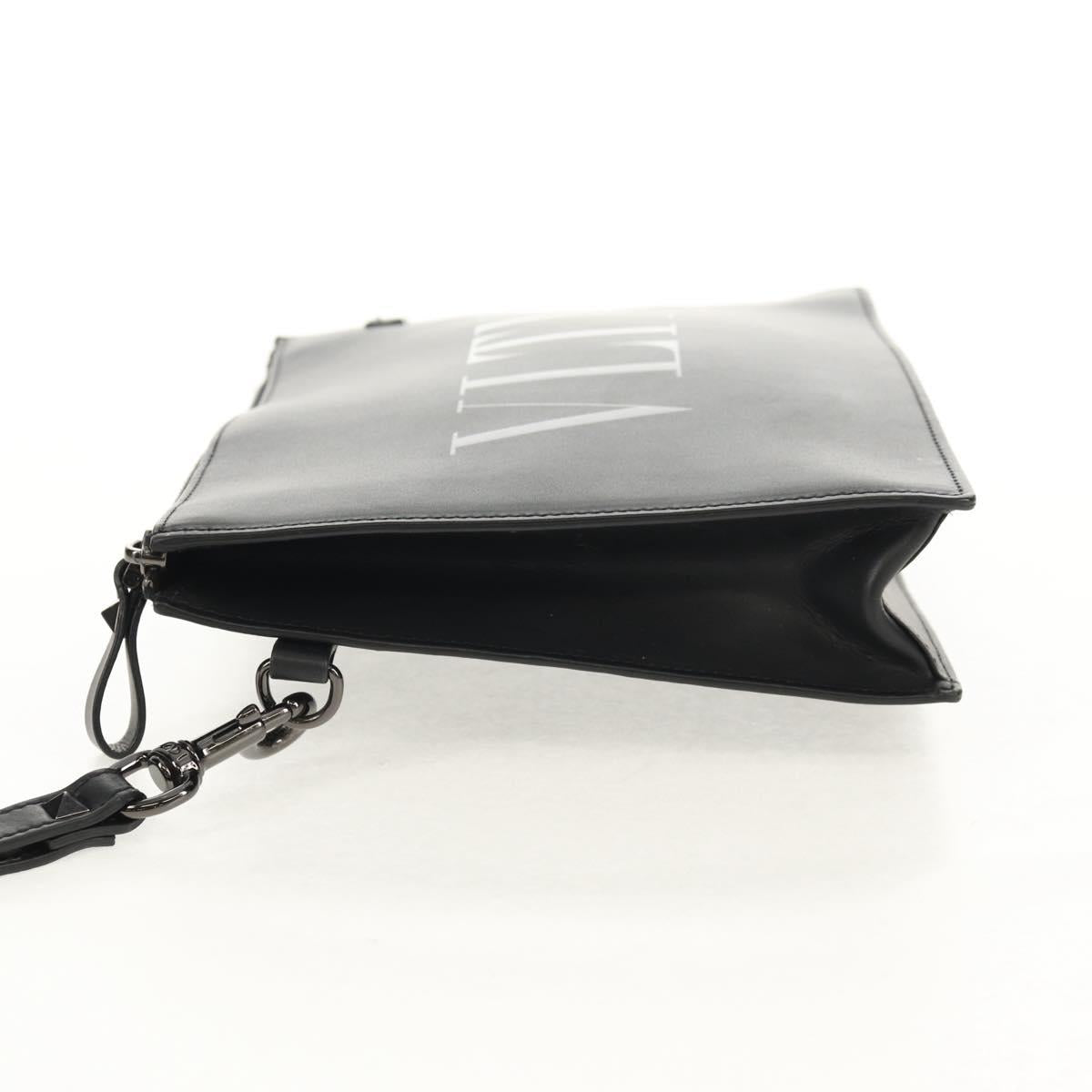 VALENTINO Clutch Bag Leather Black Silver Auth BA8442V