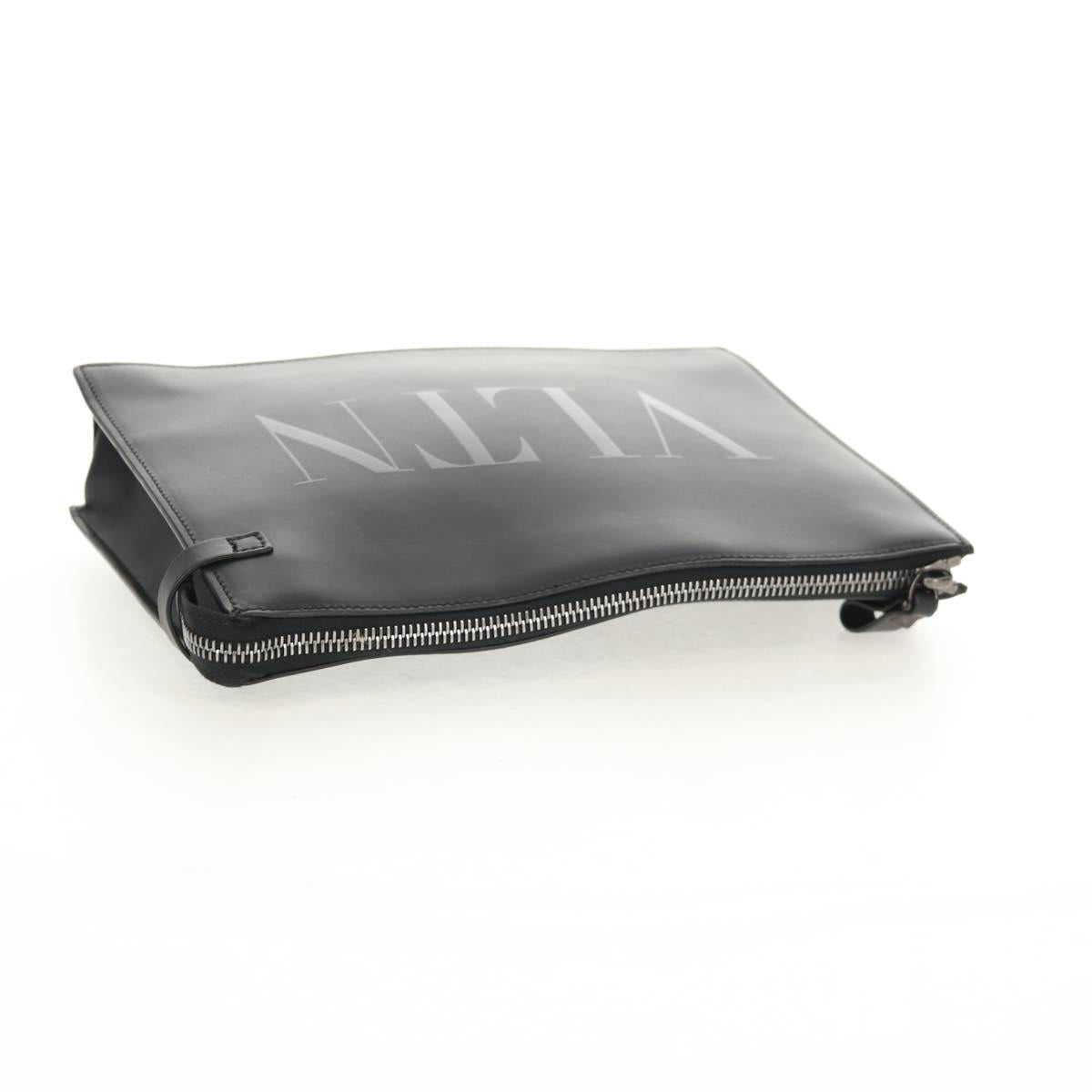 VALENTINO Clutch Bag Leather Black Silver Auth BA8442V