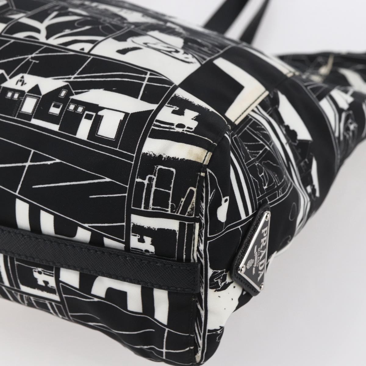 PRADA Tote Bag Nylon White Black Silver Auth BA8444
