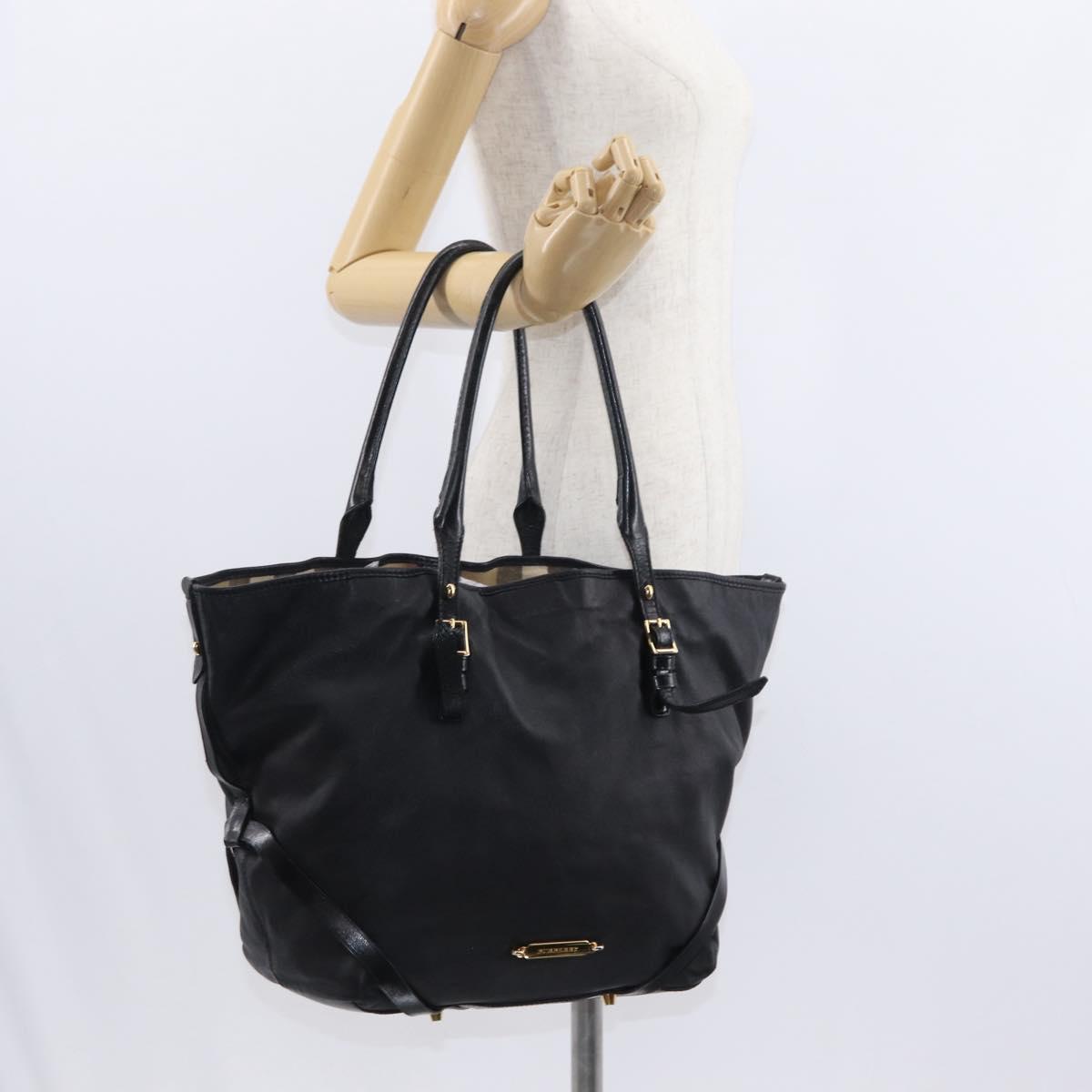 BURBERRY Tote Bag Leather Black Gold Auth BA8445