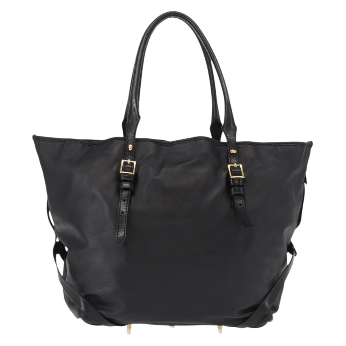 BURBERRY Tote Bag Leather Black Gold Auth BA8445
