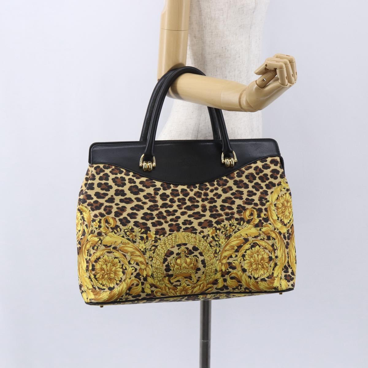 Gianni Versace Hand Bag Leather Yellow Black Auth BA8446