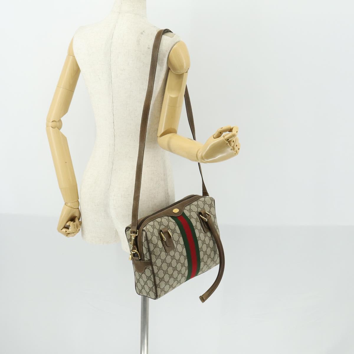 GUCCI GG Supreme Web Sherry Line Bag PVC 2way Beige Gold 67 02 3839 Auth BA8448
