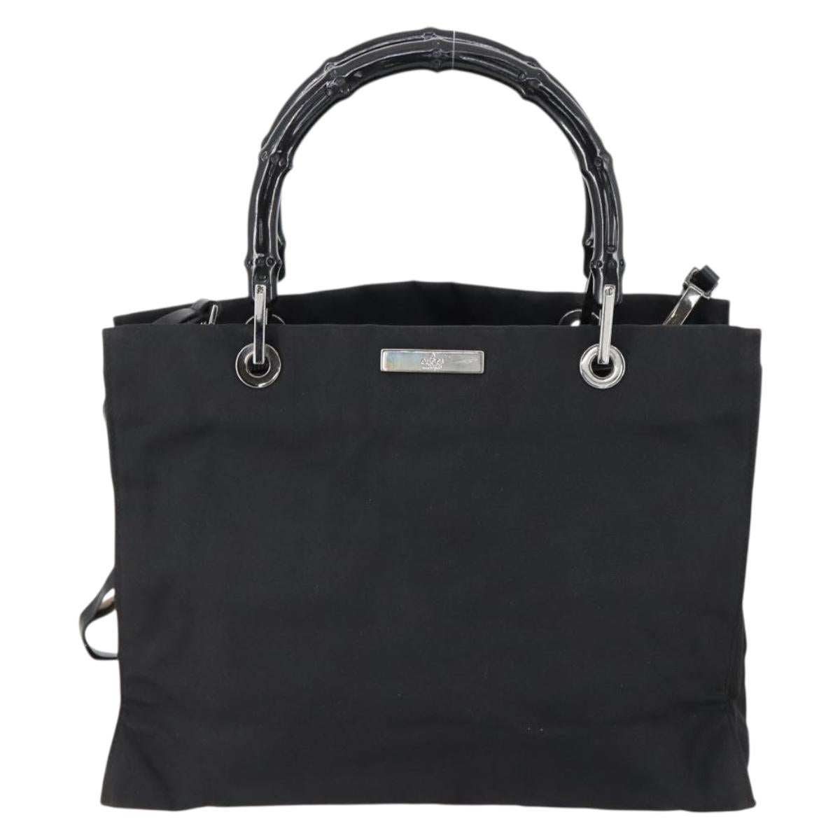 GUCCI GG Canvas Bamboo Tote Bag Nylon 2way Black Silver 002 1016 Auth BA8455