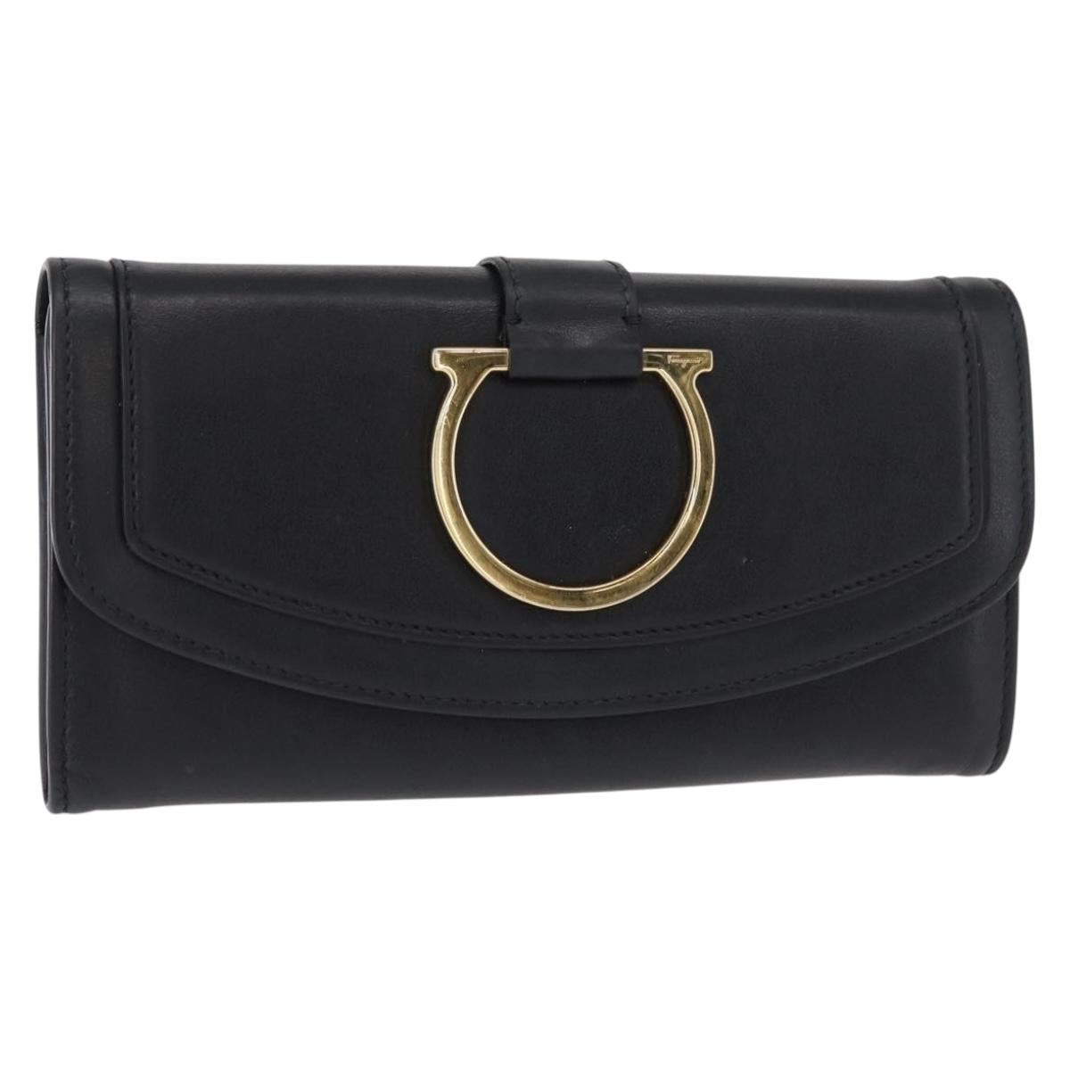 Salvatore Ferragamo Gancini Long Wallet Leather Black Gold Auth BA8462