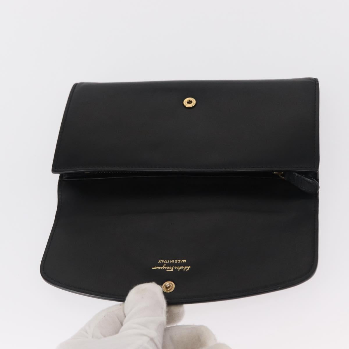 Salvatore Ferragamo Gancini Long Wallet Leather Black Gold Auth BA8462