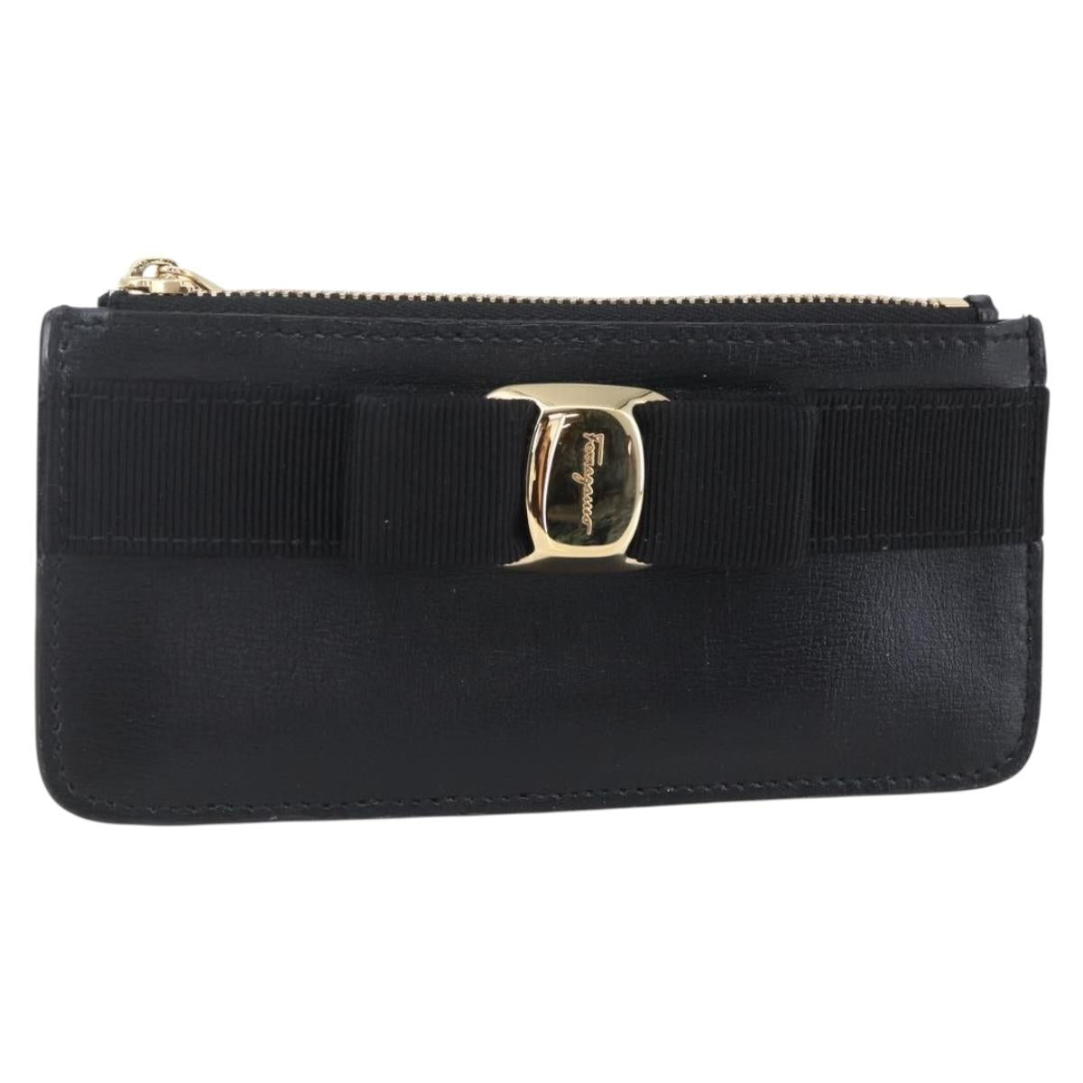 Salvatore Ferragamo Vala Card Case Leather Black Gold Auth BA8463