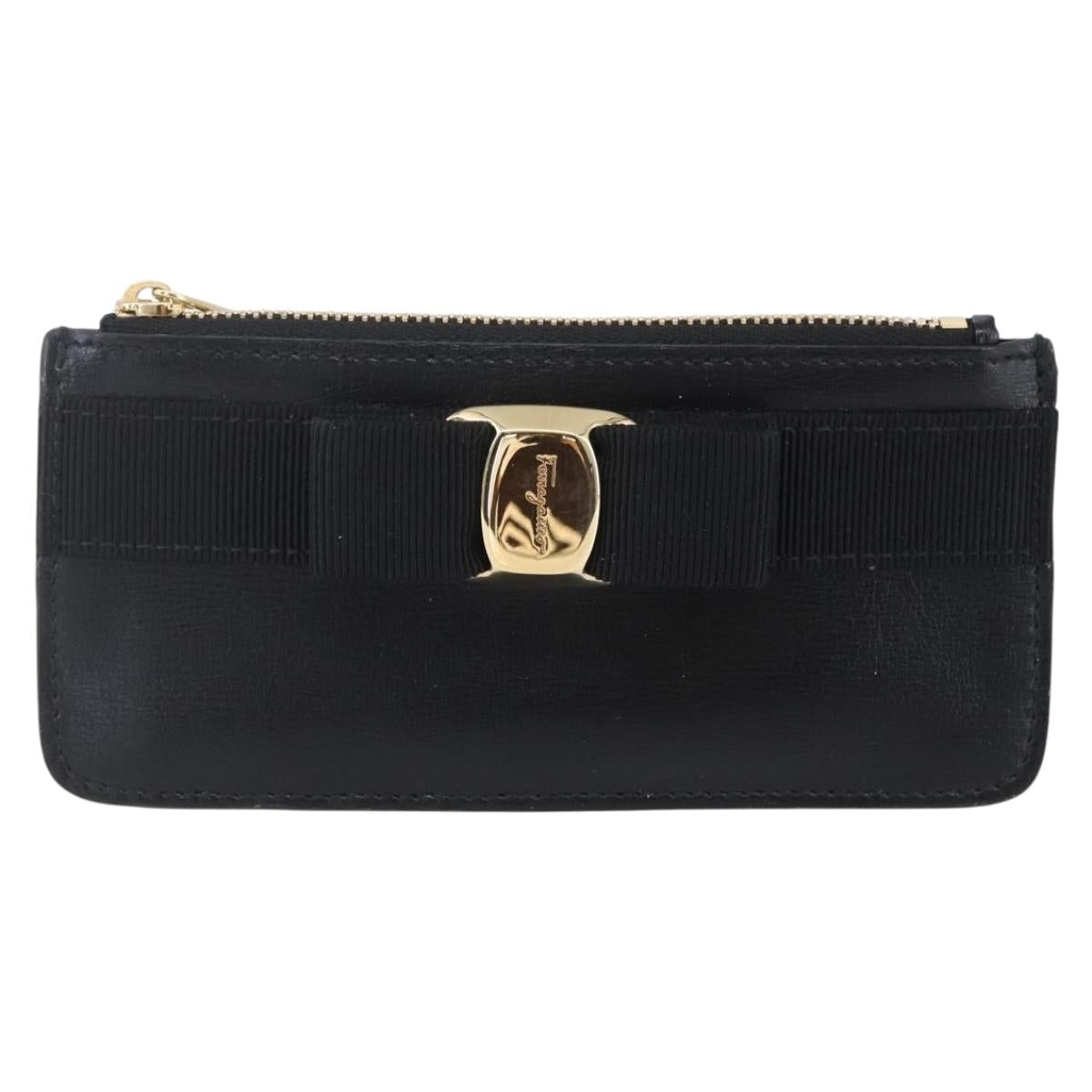 Salvatore Ferragamo Vala Card Case Leather Black Gold Auth BA8463