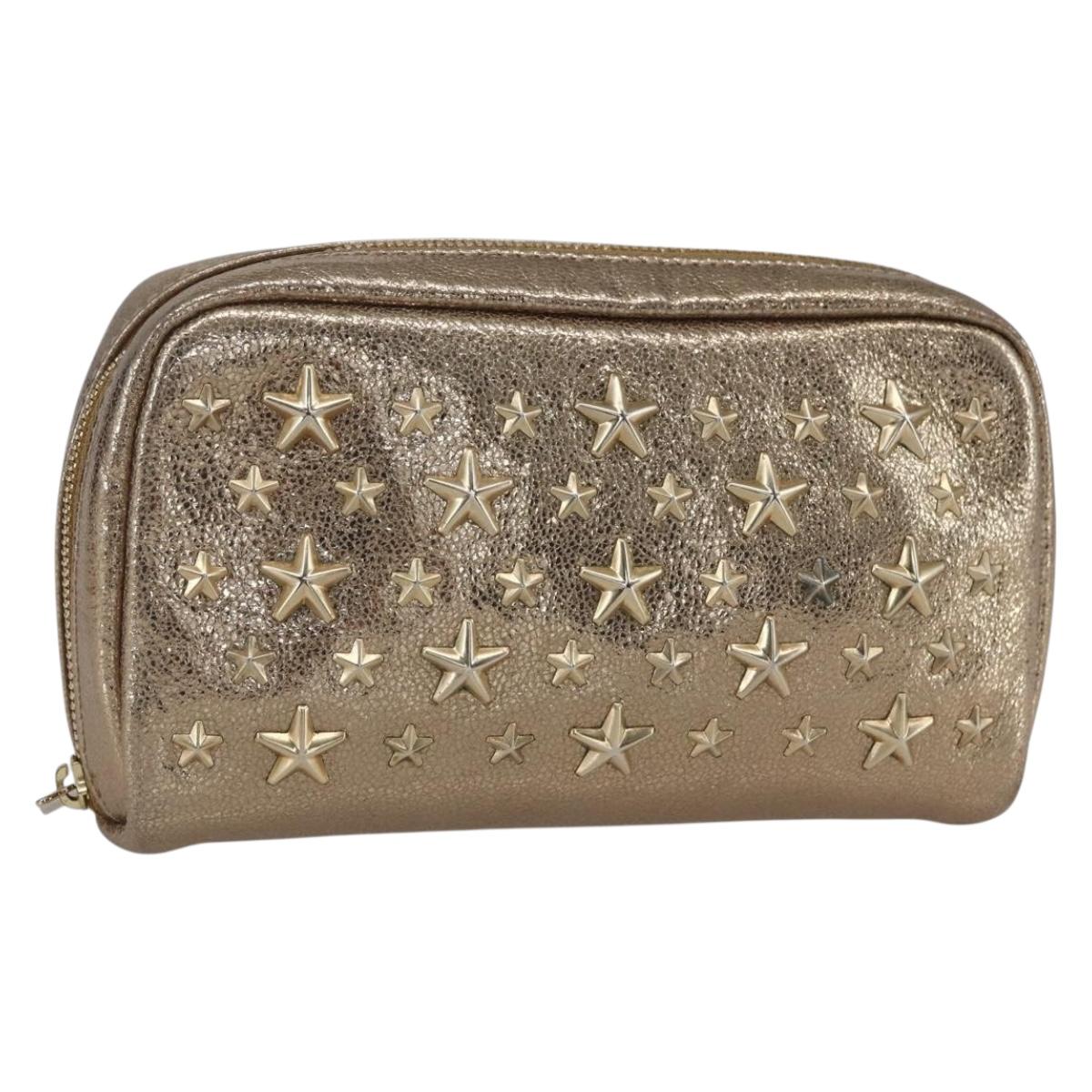 Jimmy Choo Studs Pouch Leather Gold Auth BA8467