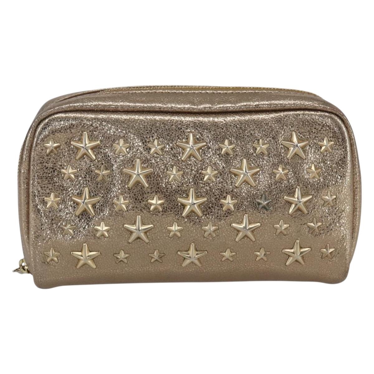 Jimmy Choo Studs Pouch Leather Gold Auth BA8467