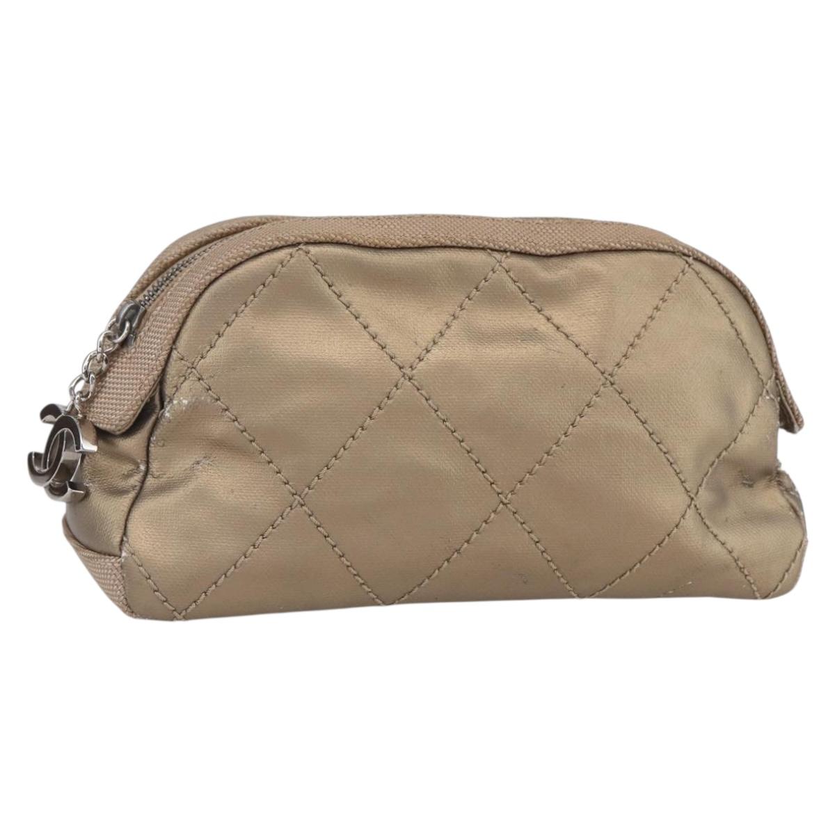 CHANEL Paris Biarritz Pouch Leather Gold CC Auth BA8468