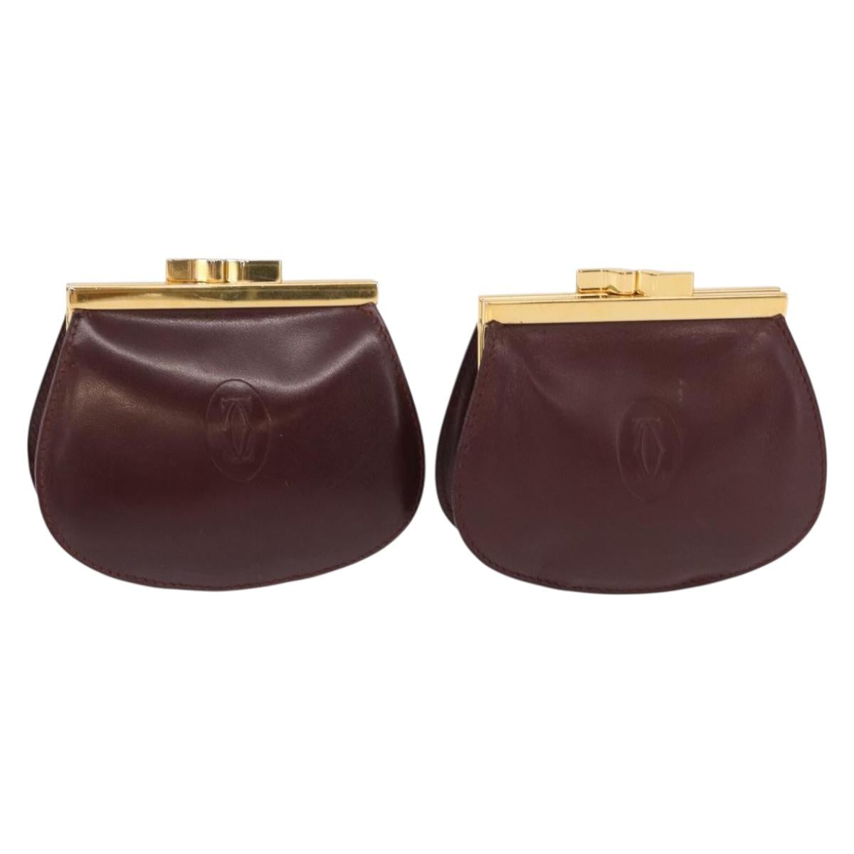 CARTIER Must Line Coin Purse Leather 2 Set Bordeaux Gold Auth BA8475