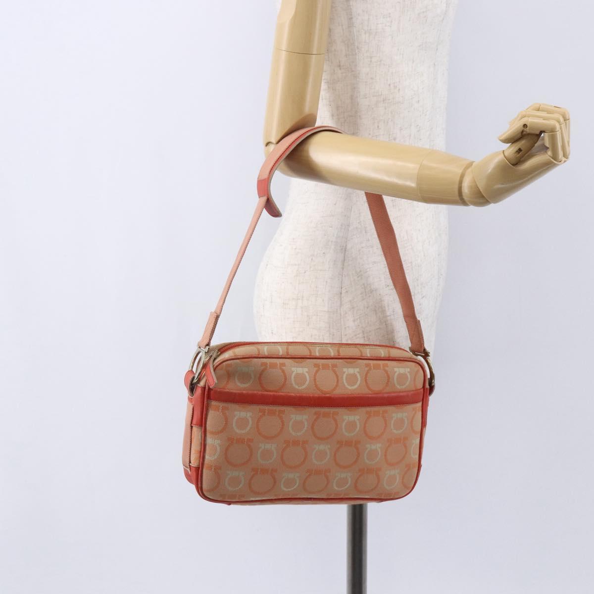 Salvatore Ferragamo Gancini Shoulder Bag Canvas Orange Gold Auth BA8493