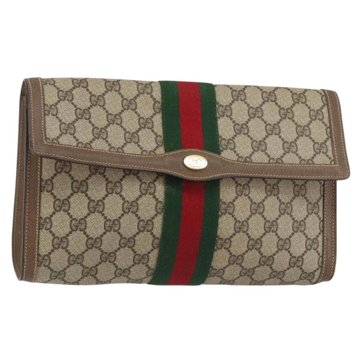 GUCCI GG Supreme Web Sherry Line Clutch Bag PVC Beige Red 89 01 007 Auth BA8613